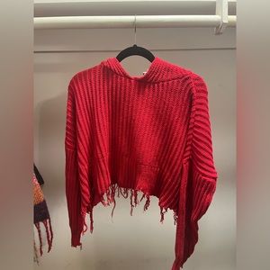 Skylar + Madison red cropped hooded knit sweater with zipper on the side